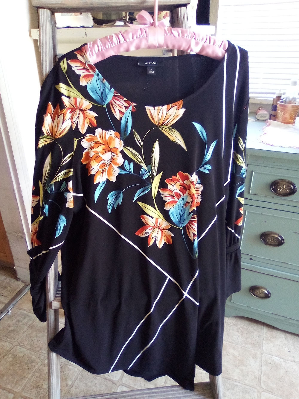 Alfani Black Floral Print Tunic with Teal and Orange Blooms